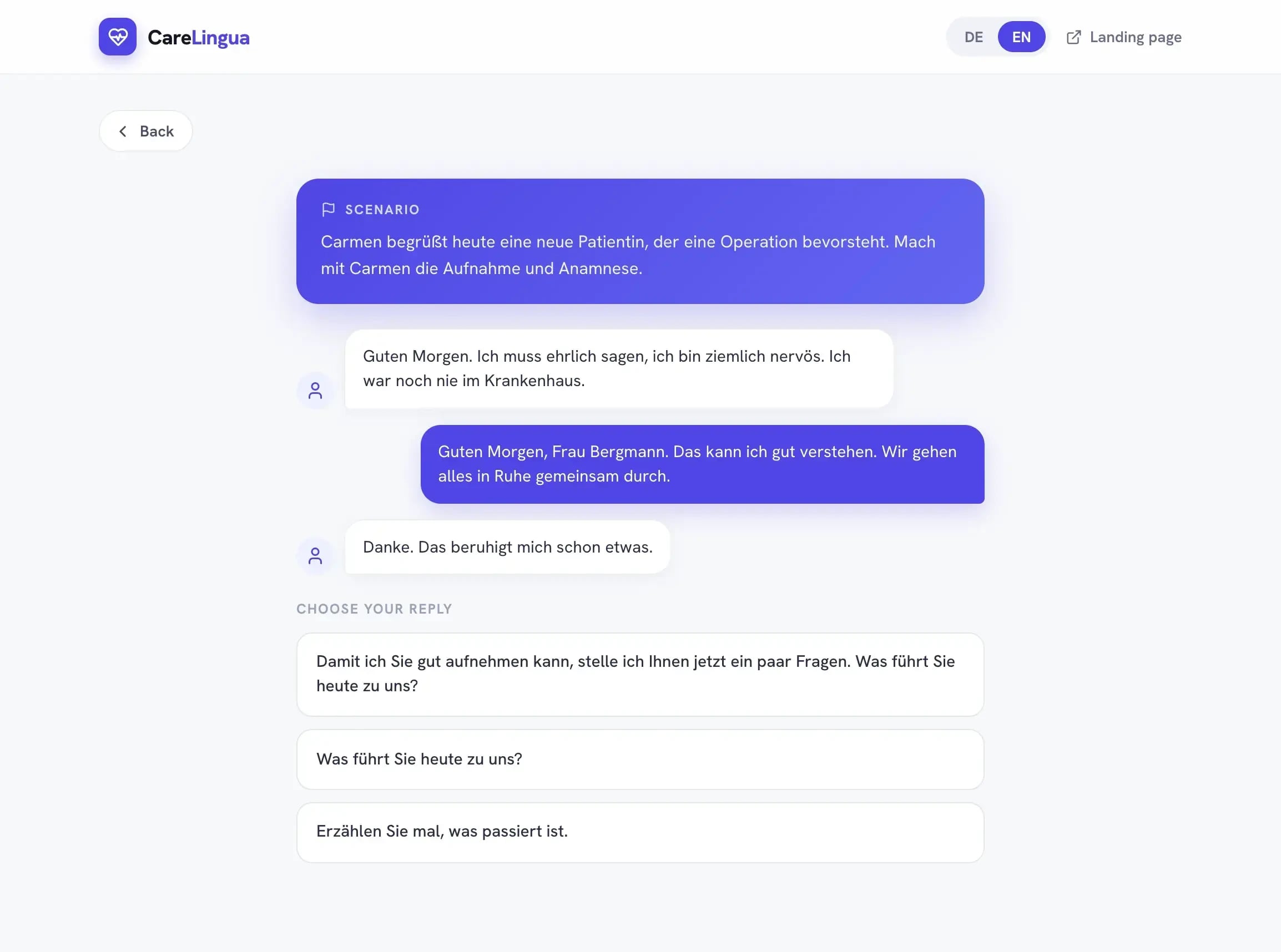 CareLingua guided-chat exercise — a scenario prompt with an AI-voiced patient dialogue in German and three reply options to choose from