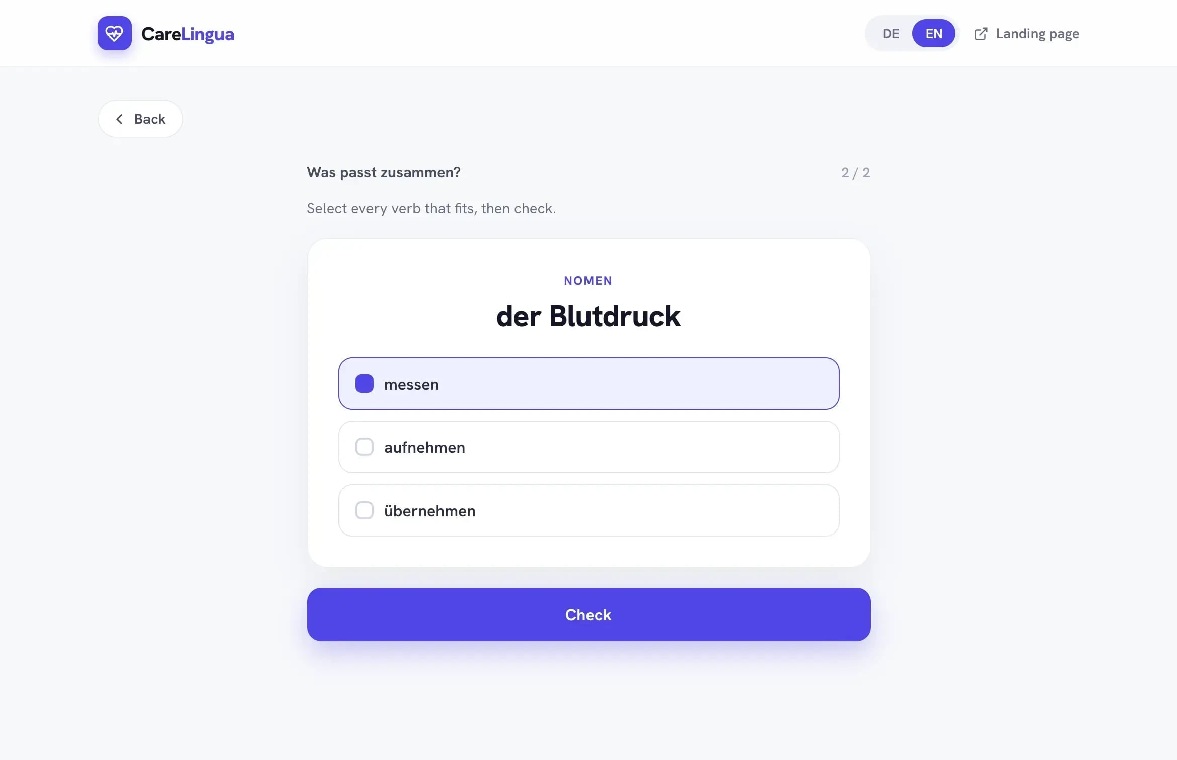 CareLingua matching exercise “Was passt zusammen?” — selecting the verbs that collocate with the noun “der Blutdruck”