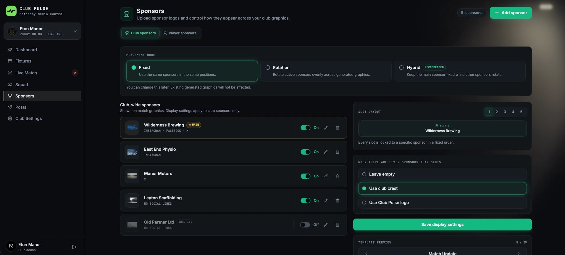 ClubPulse sponsors settings — Fixed, Rotation and Hybrid placement modes, a club-wide sponsor list, and a locked slot layout that composes onto match graphics