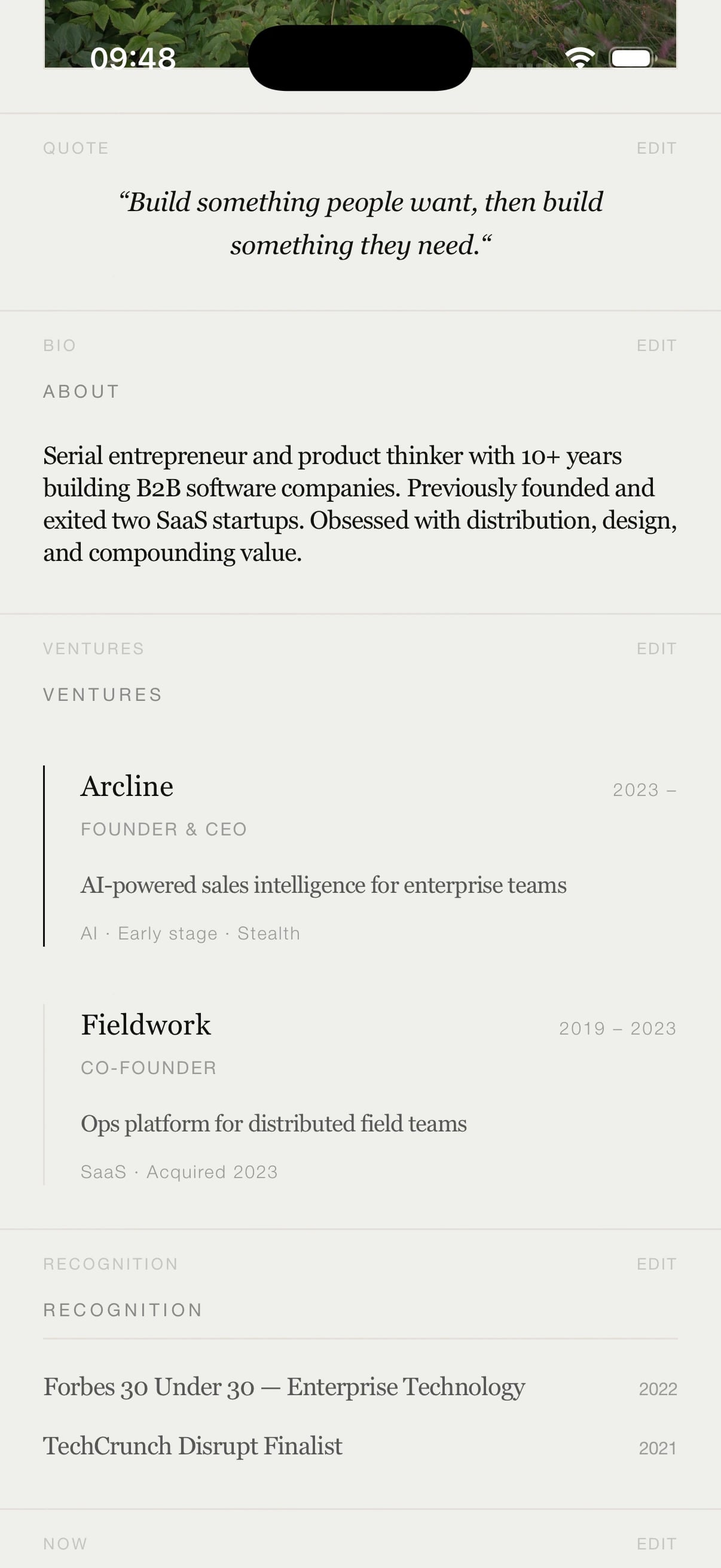 HAIZEL profile editor with quote, about, ventures and recognition blocks