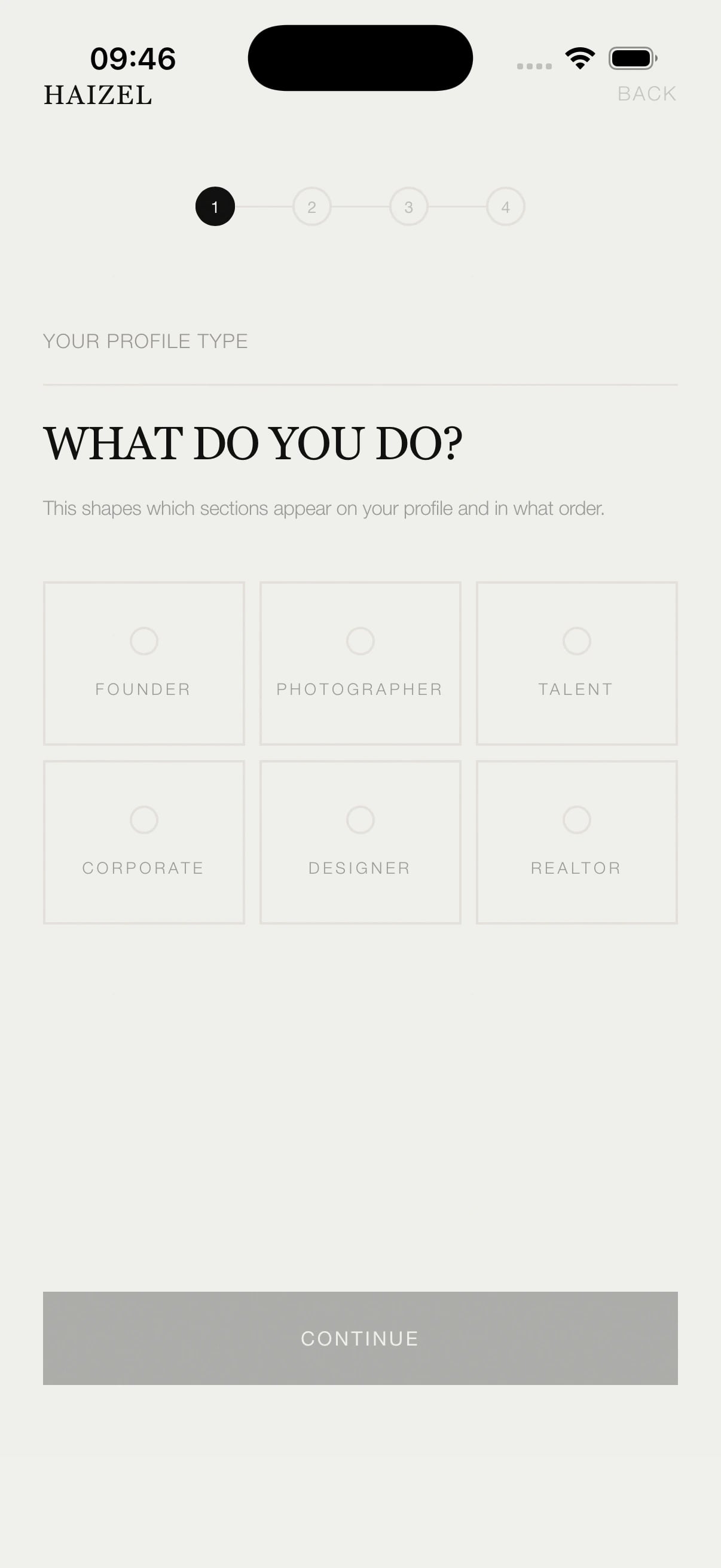 HAIZEL onboarding role picker — founder, photographer, talent, corporate, designer, realtor