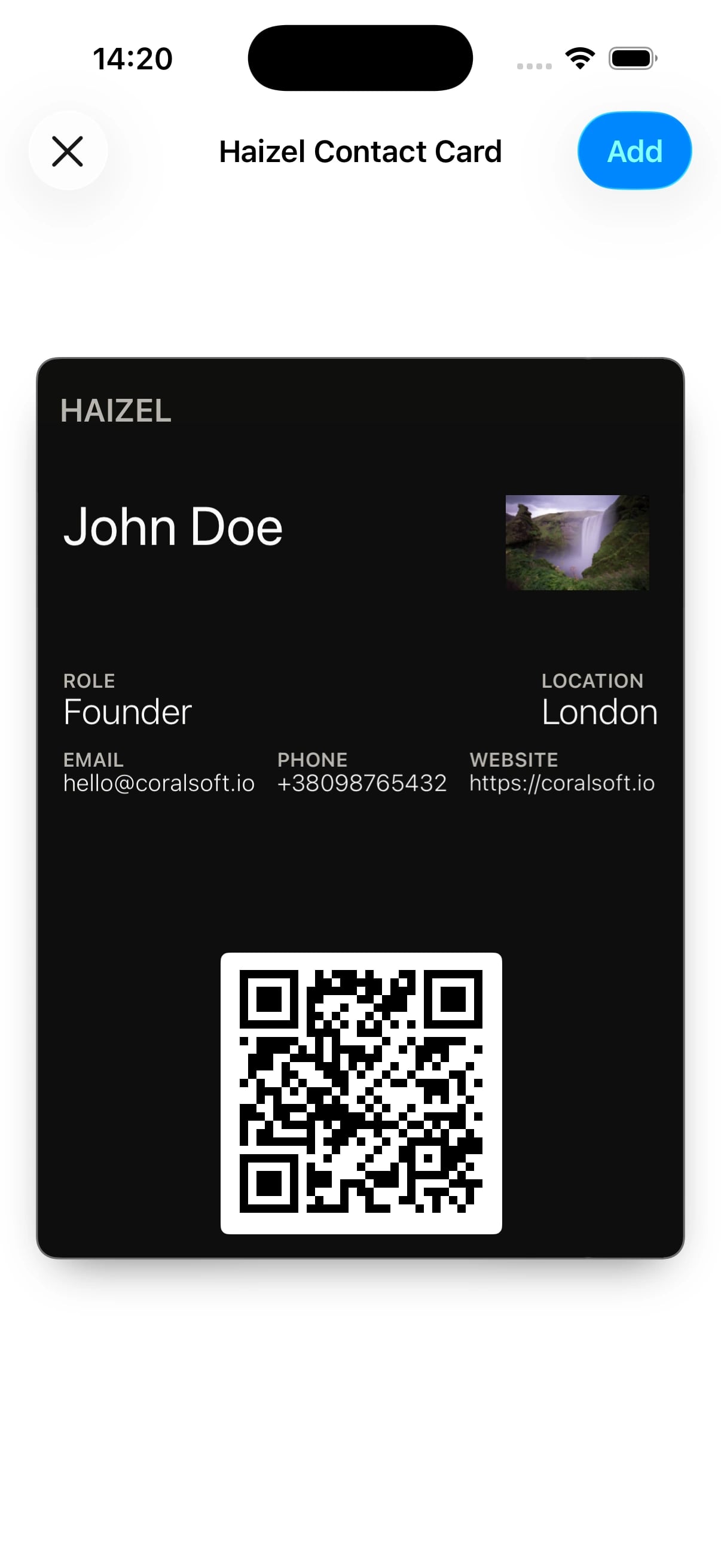 HAIZEL contact card ready to add to Apple Wallet