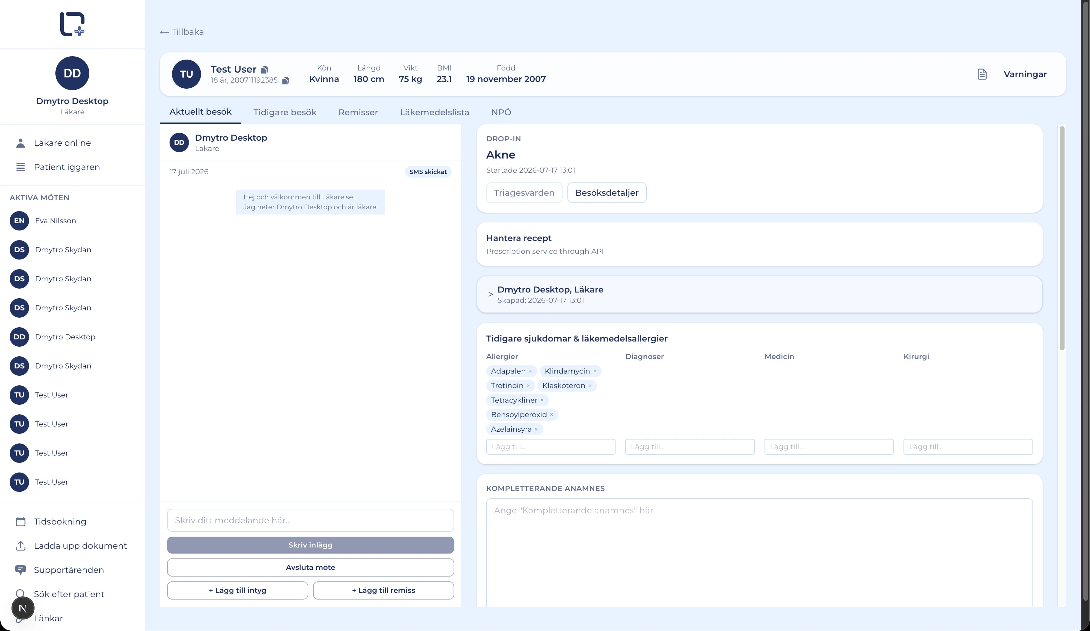 Läkare consultation view — patient header with vitals, a doctor–patient chat panel, and a clinical journal with allergies, diagnoses, medications and anamnesis, plus add-certificate and add-referral actions