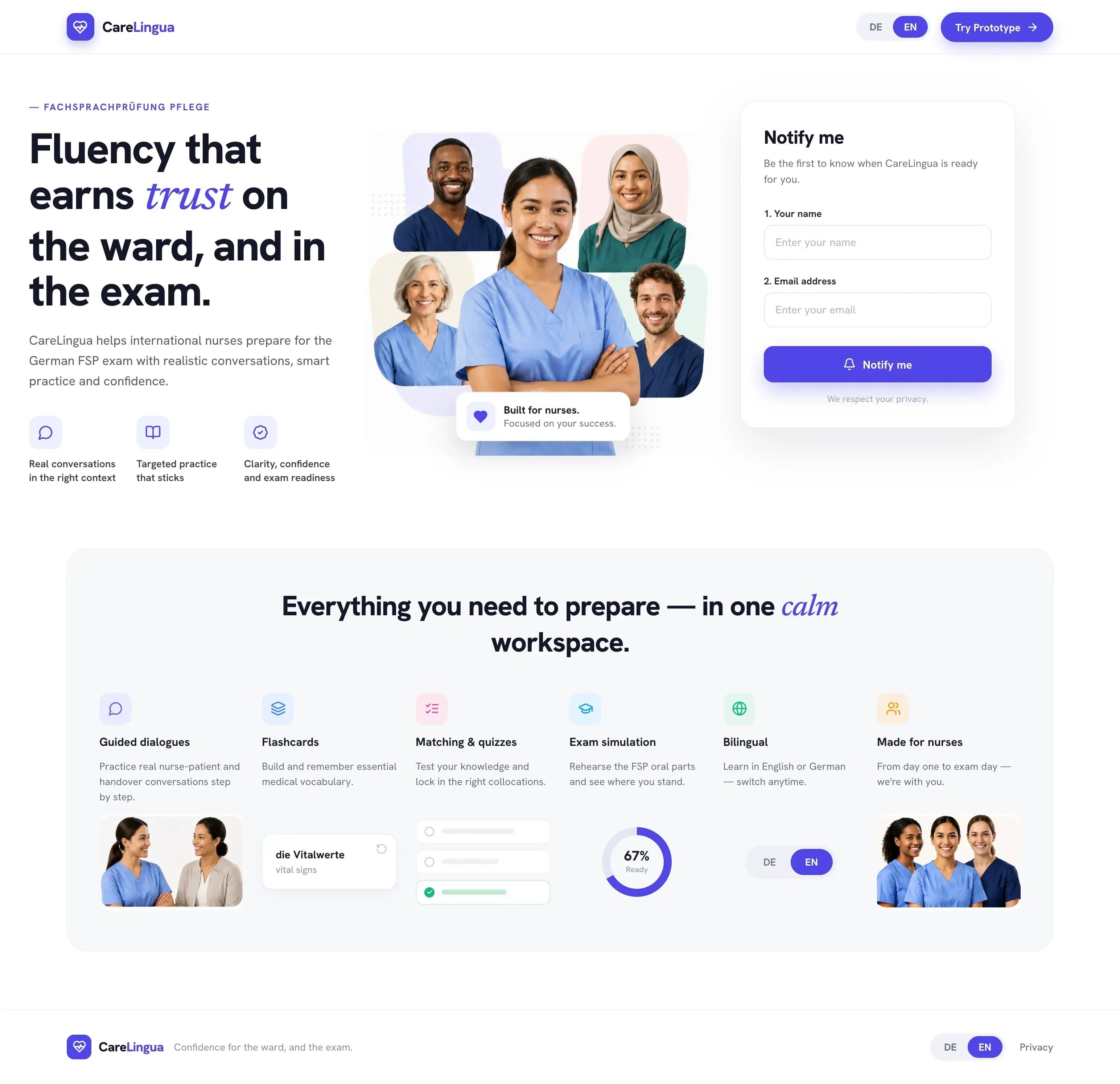 CareLingua landing page — “Fluency that earns trust on the ward, and in the exam” with a Notify me waitlist form and a feature grid covering guided dialogues, flashcards, matching & quizzes, exam simulation and bilingual DE/EN