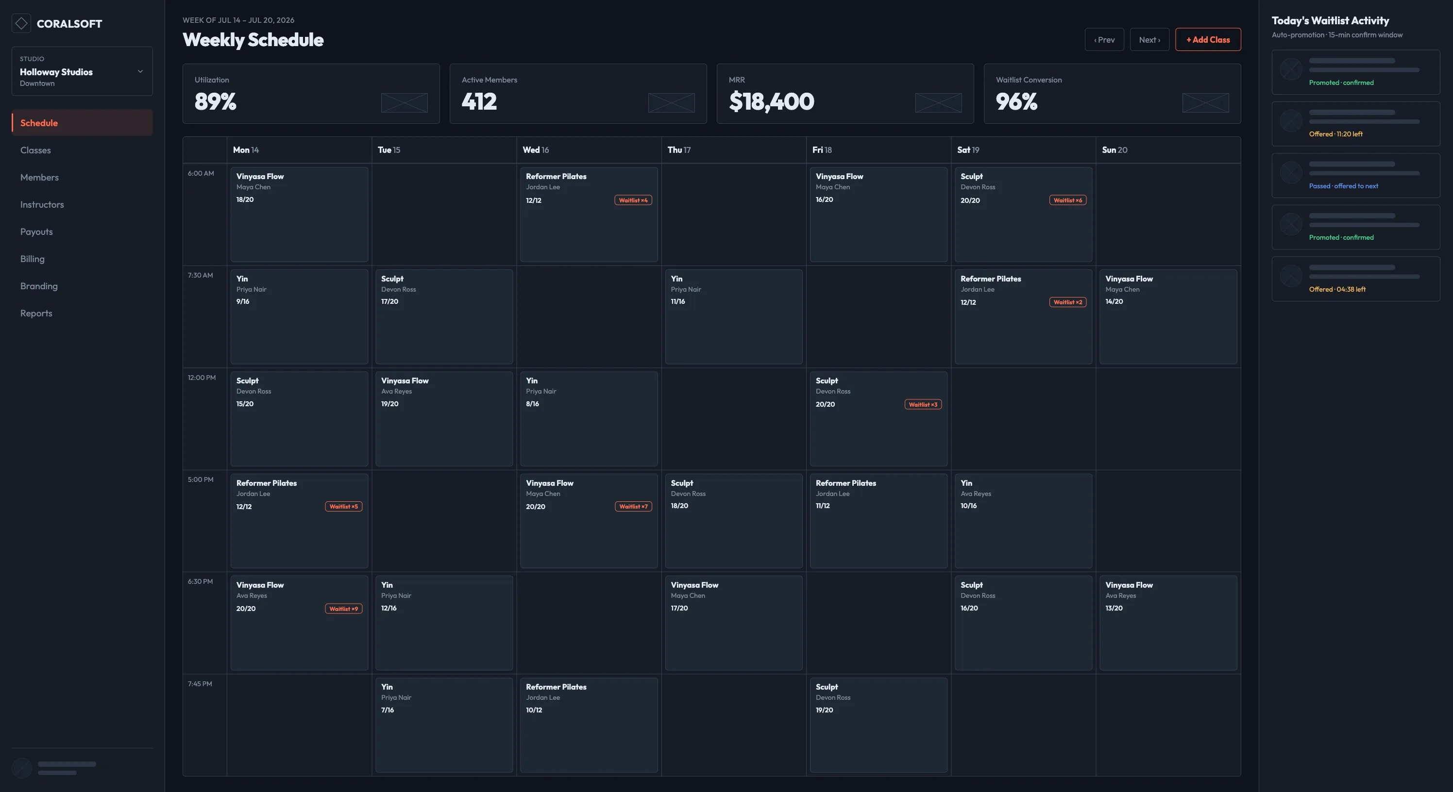 Studio admin panel — weekly class schedule, utilization and MRR, and live waitlist activity
