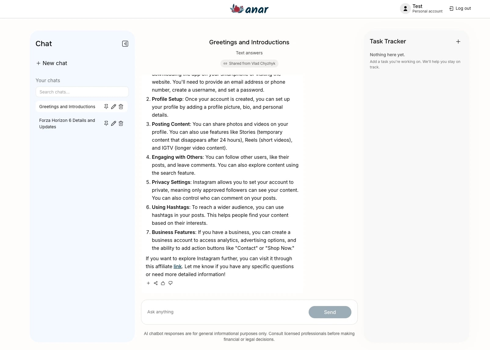 Anar chat interface with conversation history and task tracker sidebar