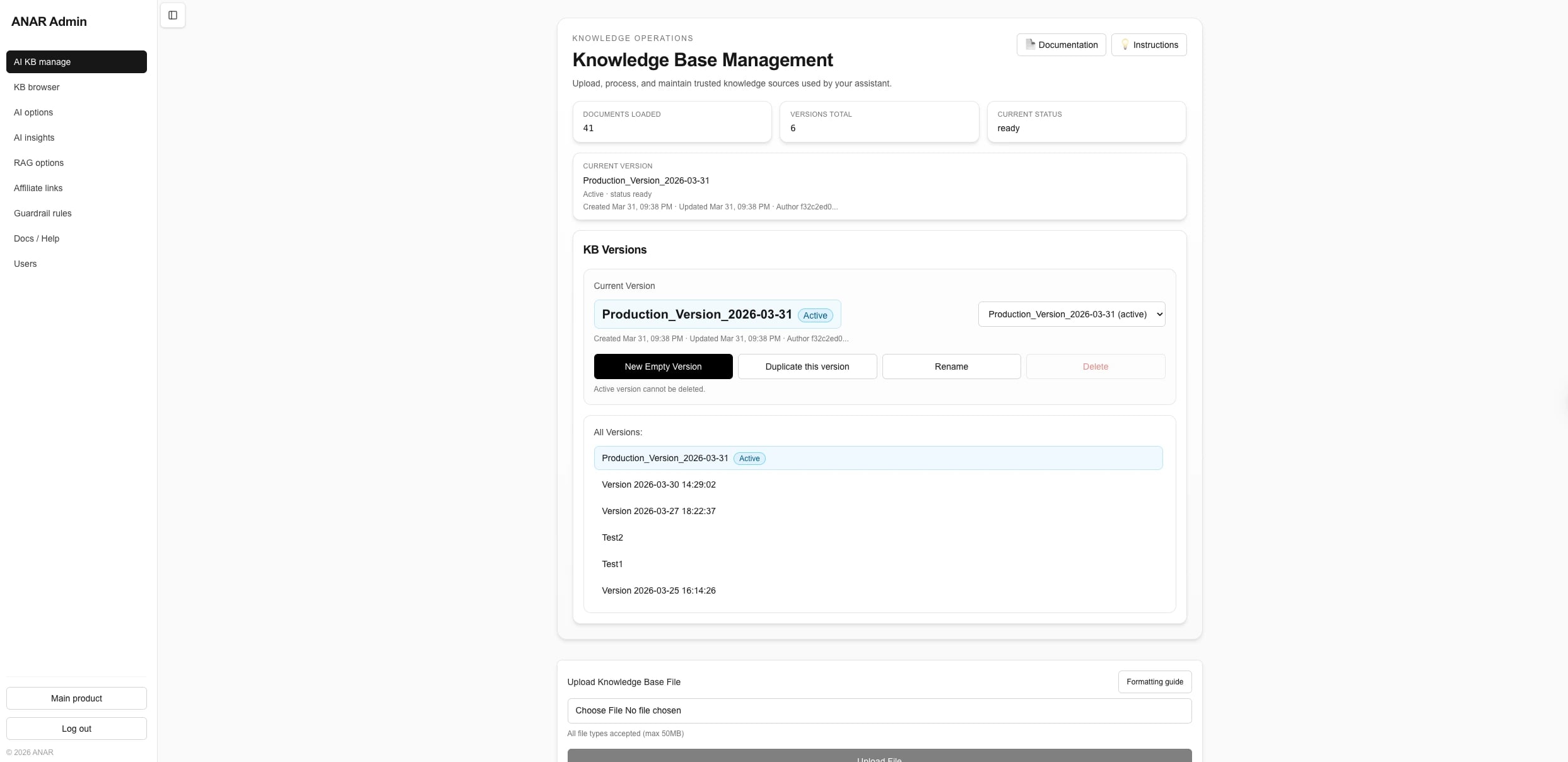 Anar admin Knowledge Base management view with versions and uploads