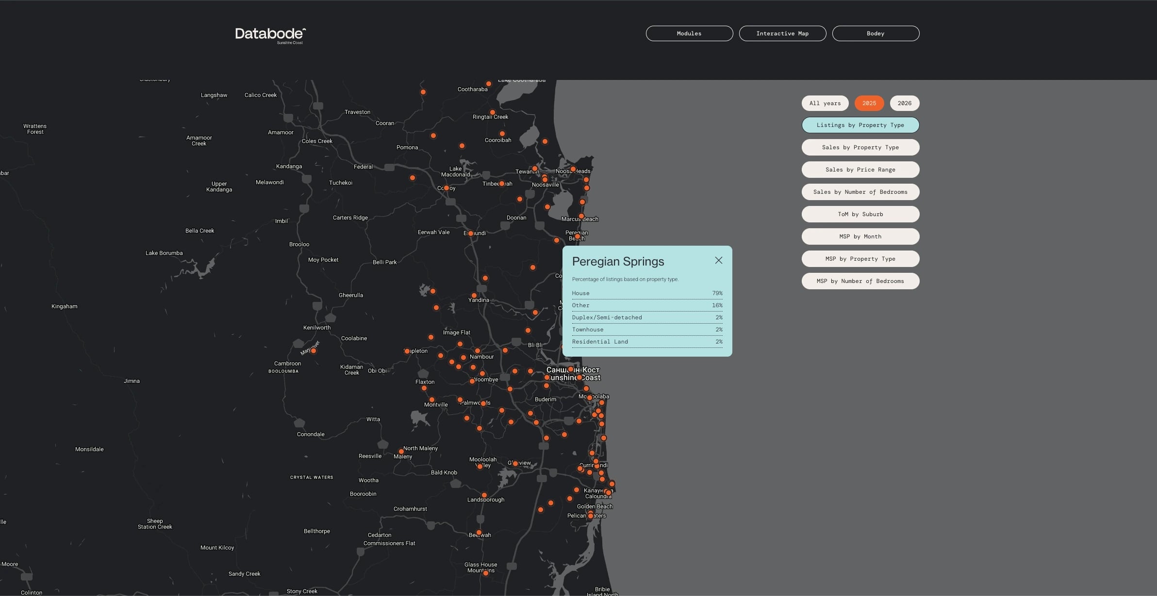 ArgoFetch interactive property map with a Peregian Springs property tooltip