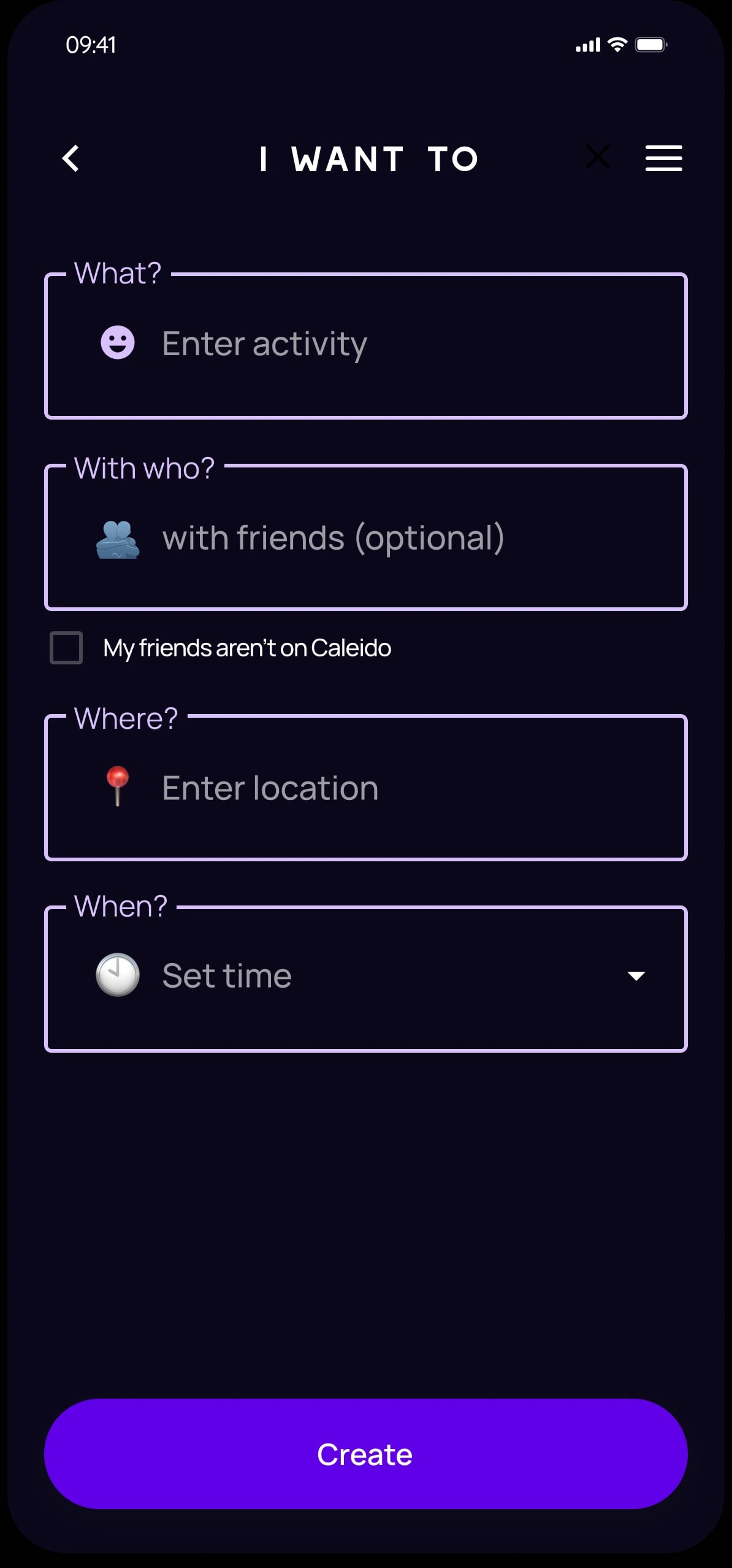 Calido event creation flow with activity, attendees, location and time fields