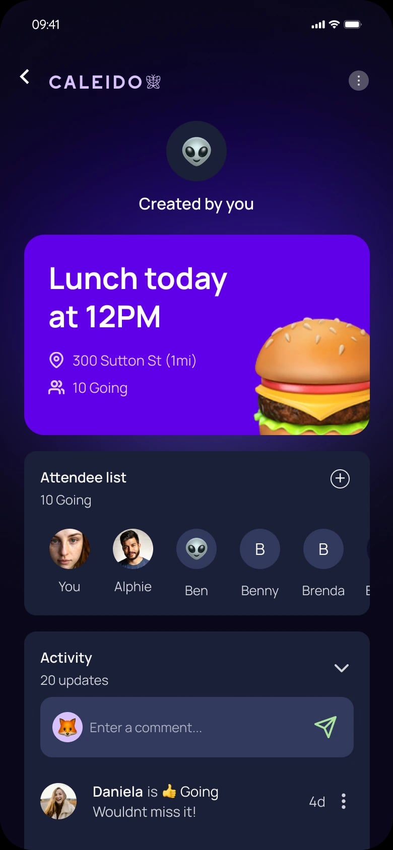 Calido event detail with attendee list and activity feed