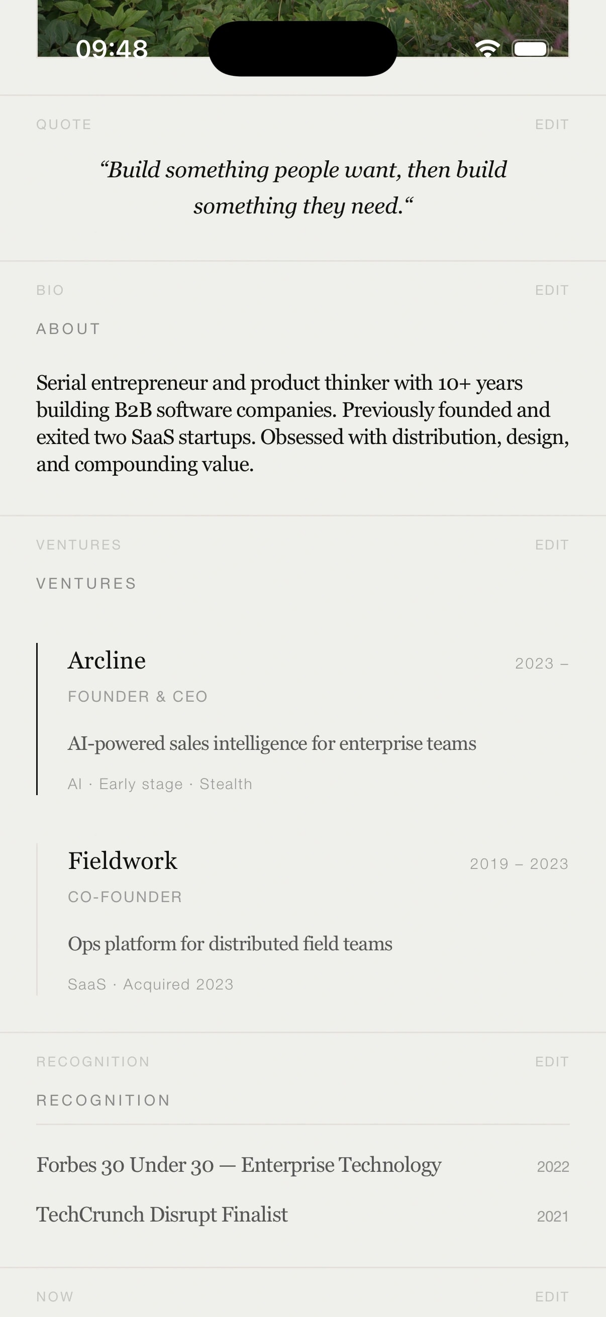 HAIZEL profile editor with quote, about, ventures and recognition blocks