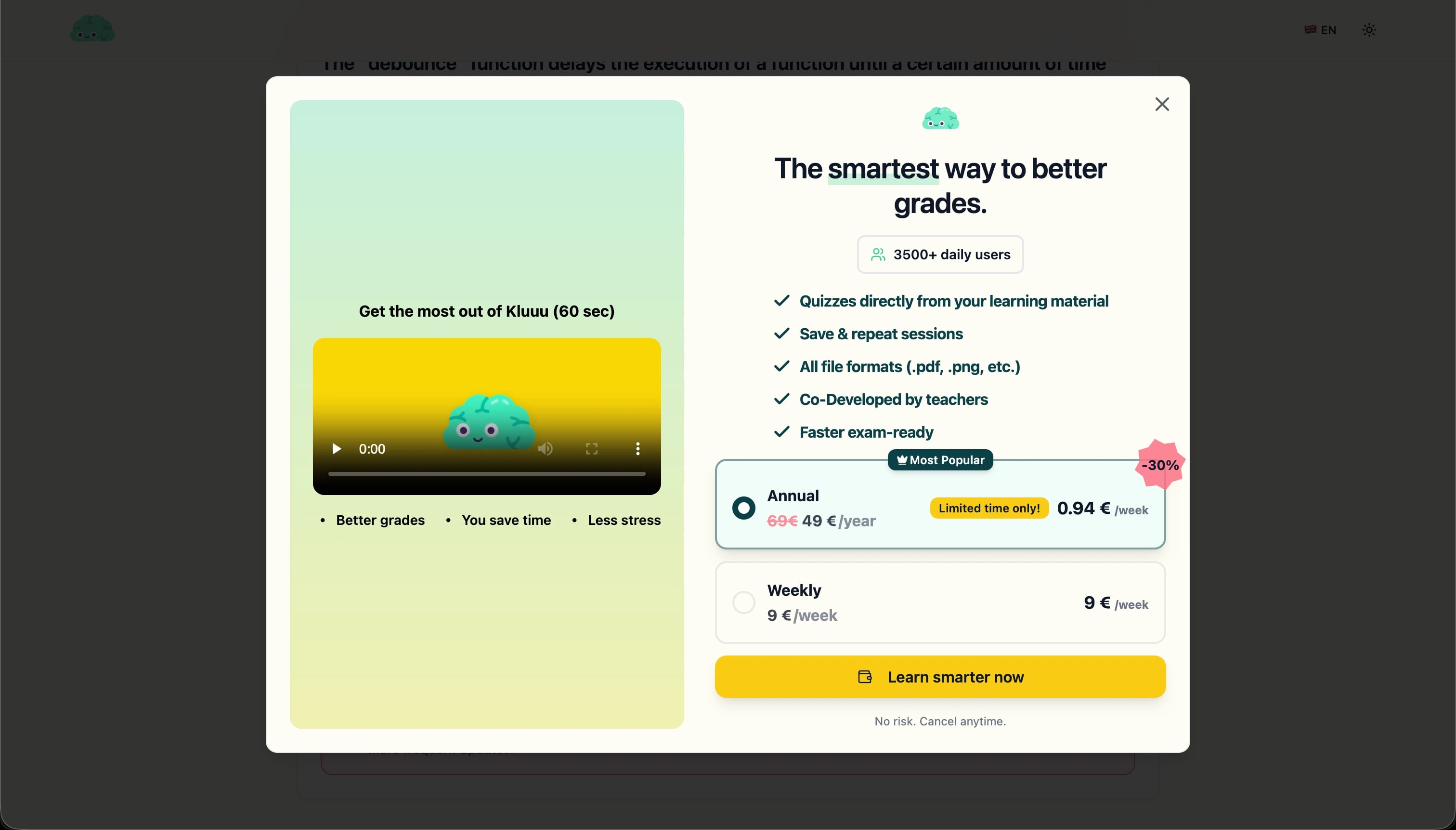 KLUUU Stripe-backed subscription paywall with annual and weekly plans