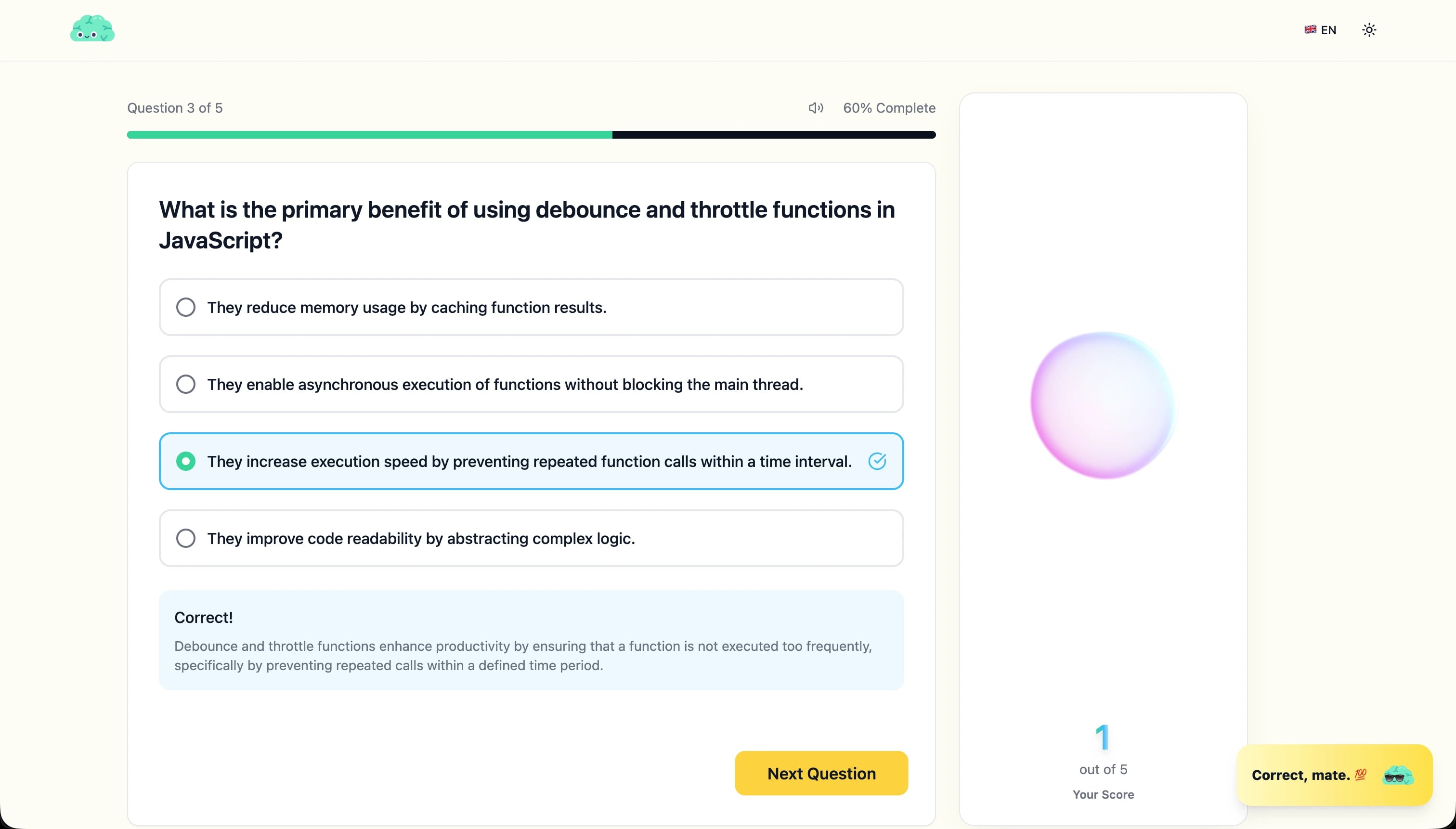 KLUUU live quiz with a multiple-choice question and immediate correctness feedback